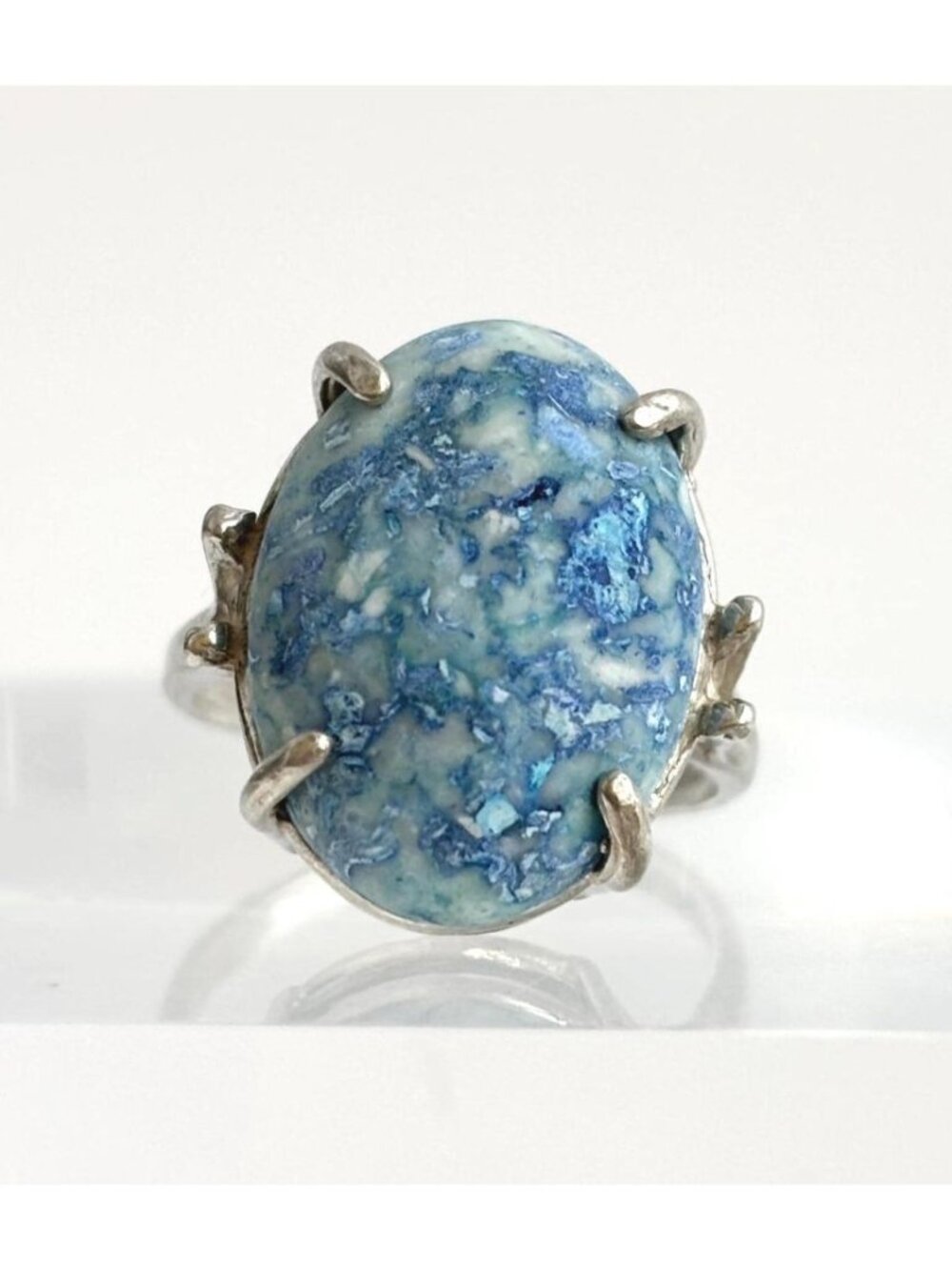 Swirl Blue agate Natural Oval Cabochon Sterling Silver 925 Vintage Ring - sz 6.5